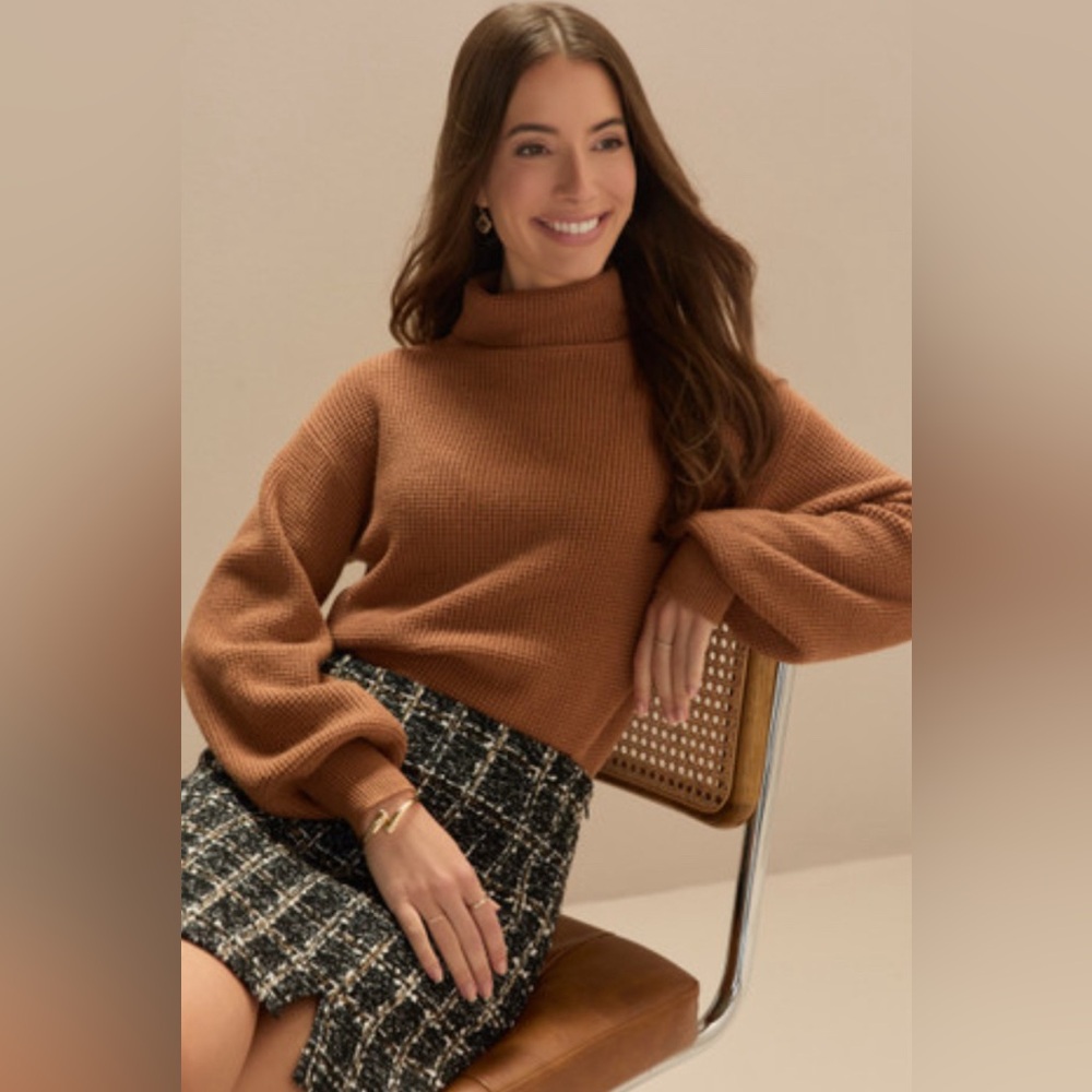 Francesca's NWT Elaine Balloon Sleeve Turtleneck Rib Knit Pullover - Camel